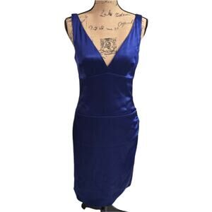 Nicole Miller Collection Royal Blue Ruched Side V-Neck Party Cocktail Silk Dress